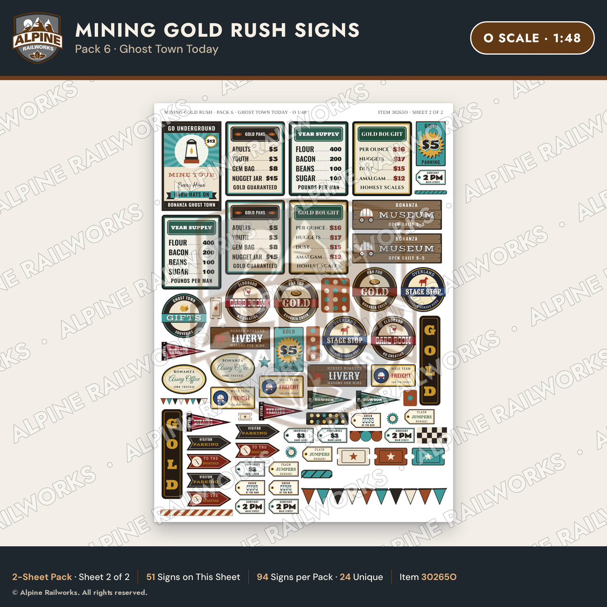 Alpine Railworks 30265O O Scale Mining Gold Rush Signs