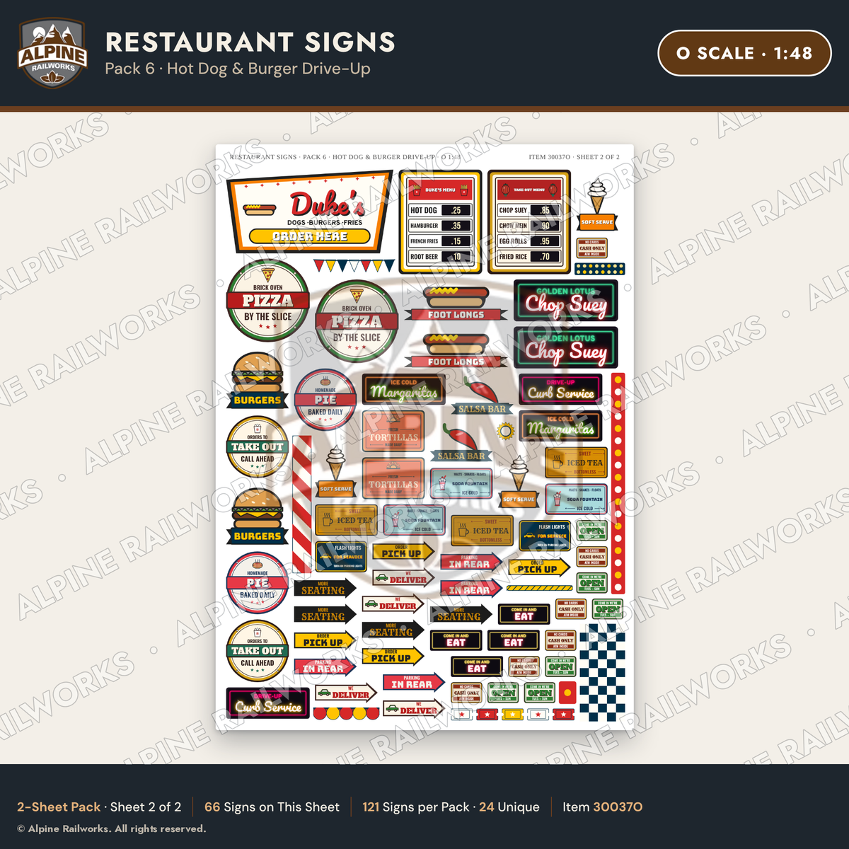 Alpine Railworks 30037O O Scale Restaurant Signs - Hot Dog