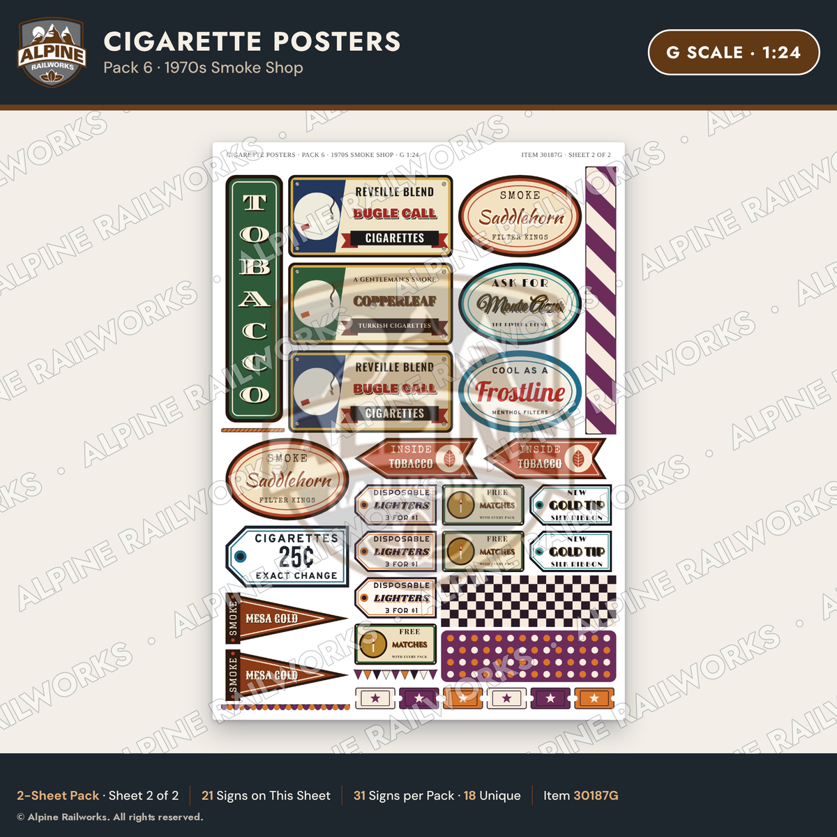 Alpine Railworks 30187G G Scale Cigarette Posters - 1970s Smoke Shop