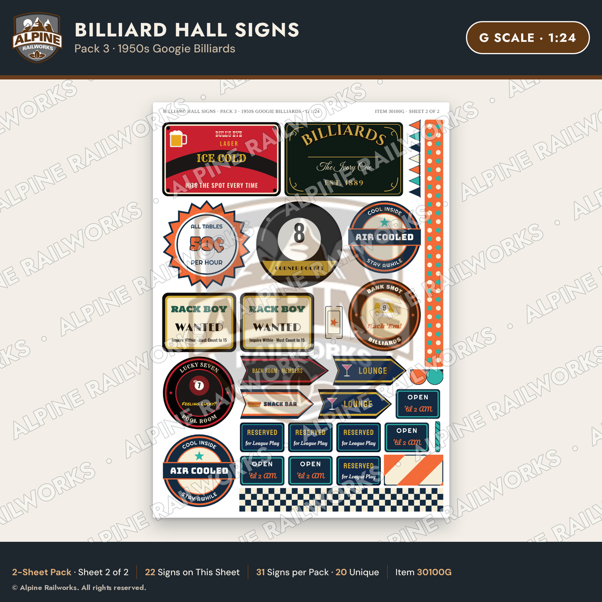 Alpine Railworks 30100G G Scale Billiard Hall Signs - Googie Billiards