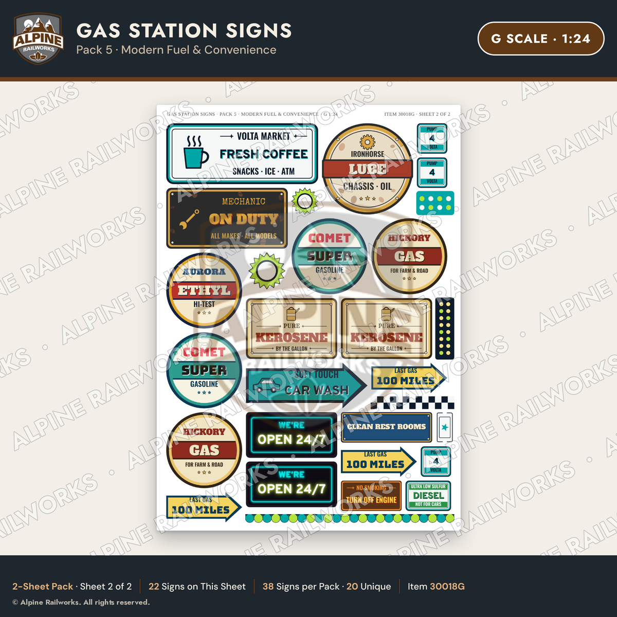 Alpine Railworks 30018G G Scale Gas Station Signs - Modern Fuel