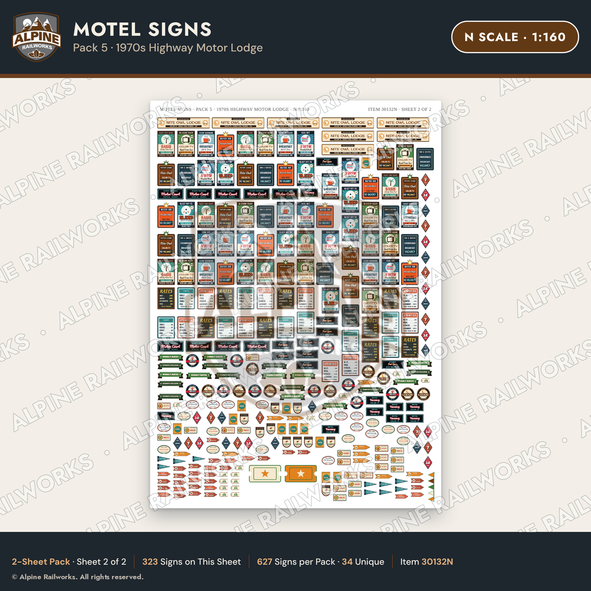 Alpine Railworks 30132N N Scale Motel Signs - Highway Motor Lodge