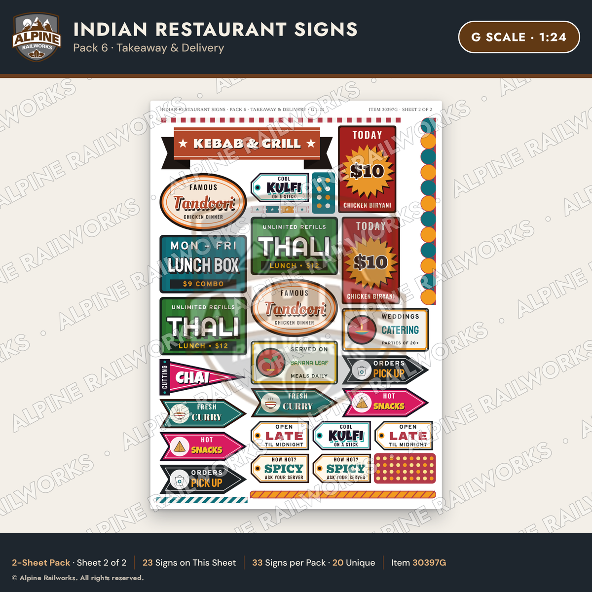 Alpine Railworks 30397G G Scale Indian Restaurant Signs - Takeaway