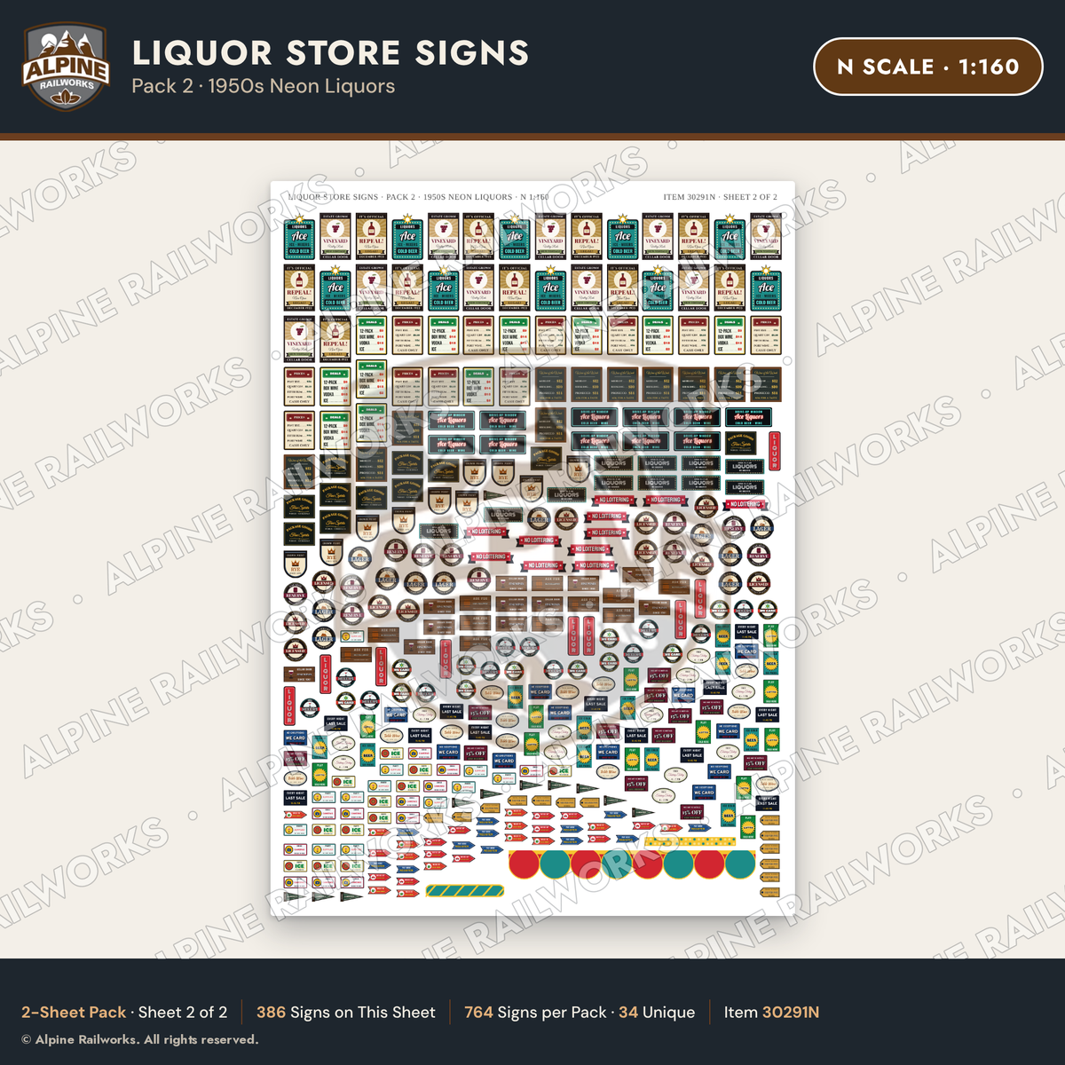 Alpine Railworks 30291N N Scale Liquor Store Signs - Neon Liquors