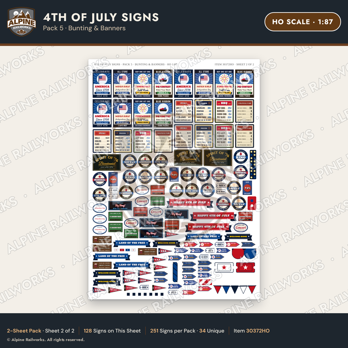 Alpine Railworks 30372HO HO Scale 4th of July Signs - Bunting