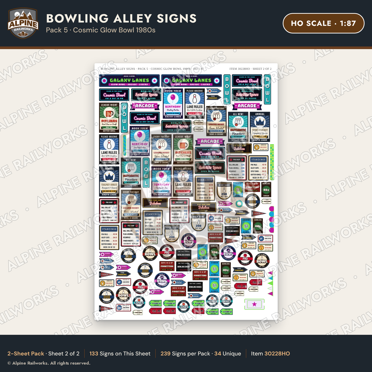 Alpine Railworks 30228HO HO Scale Bowling Alley Signs