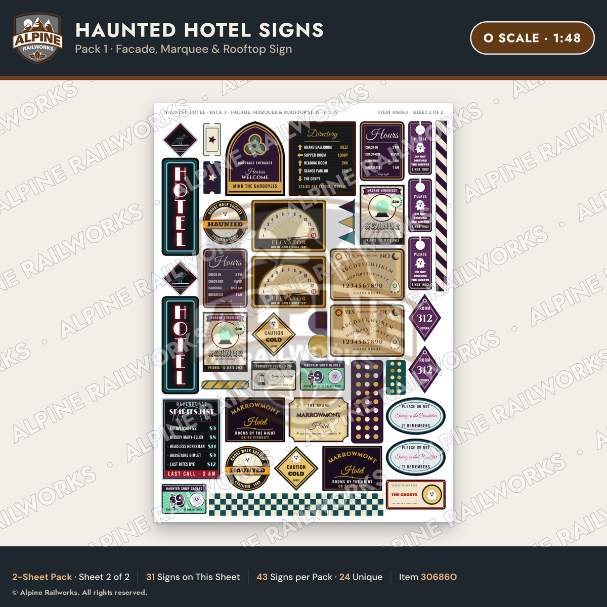 Alpine Railworks 30686O O Scale Haunted Hotel Signs - Facade & Marquee