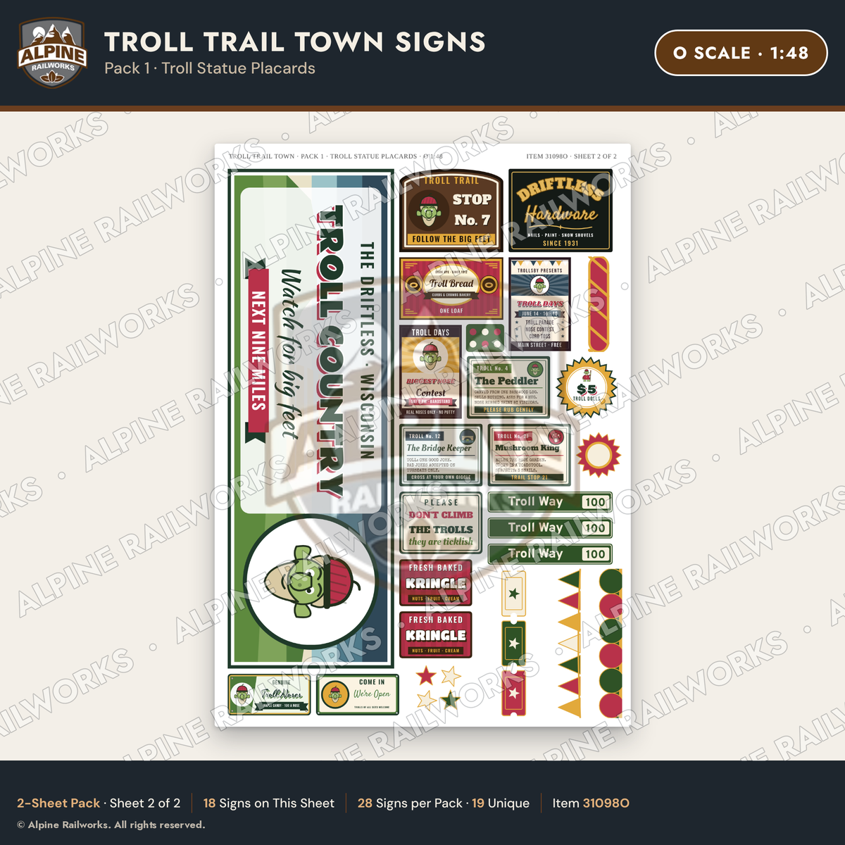 Alpine Railworks 31098O O Scale Roadside Attraction Signs - Troll Town