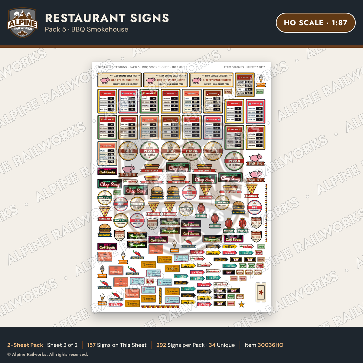 Alpine Railworks 30036HO HO Scale Restaurant Signs - BBQ Smokehouse