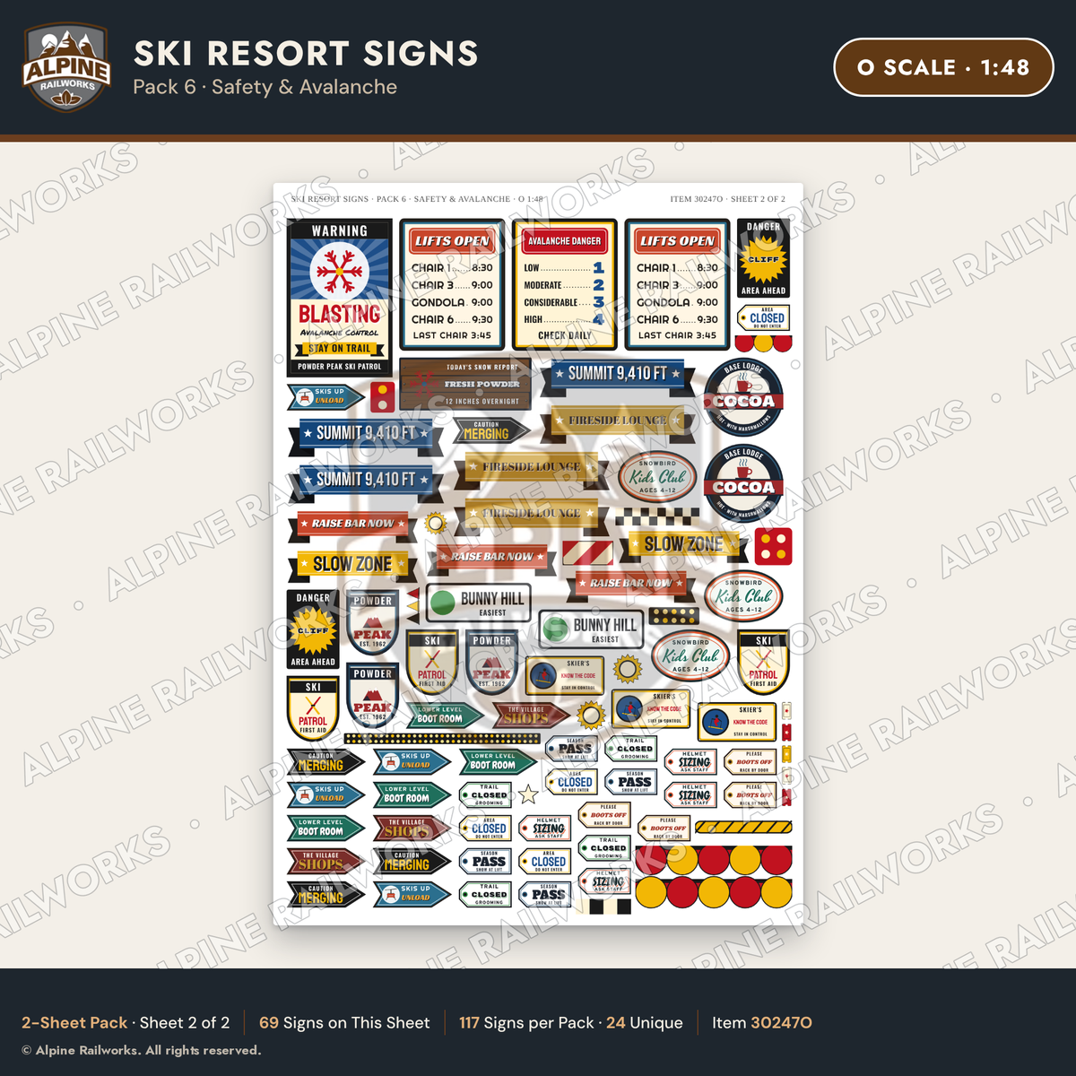 Alpine Railworks 30247O O Scale Ski Resort Signs - Safety & Avalanche