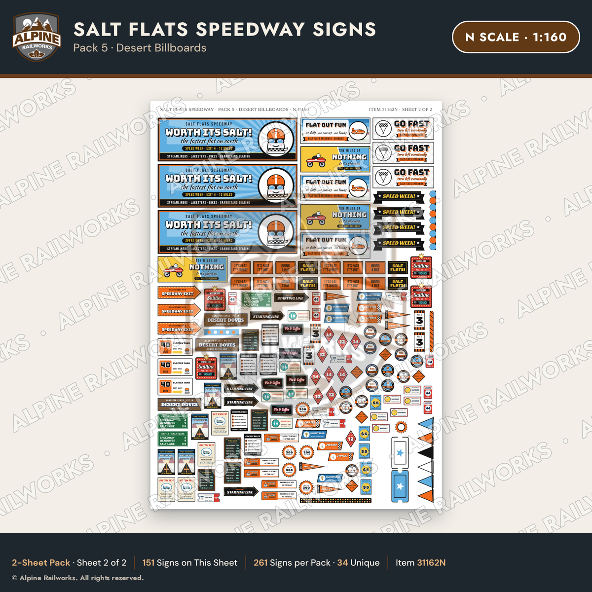 Alpine Railworks 31162N N Scale Racing Signs - Salt Flats Speedway