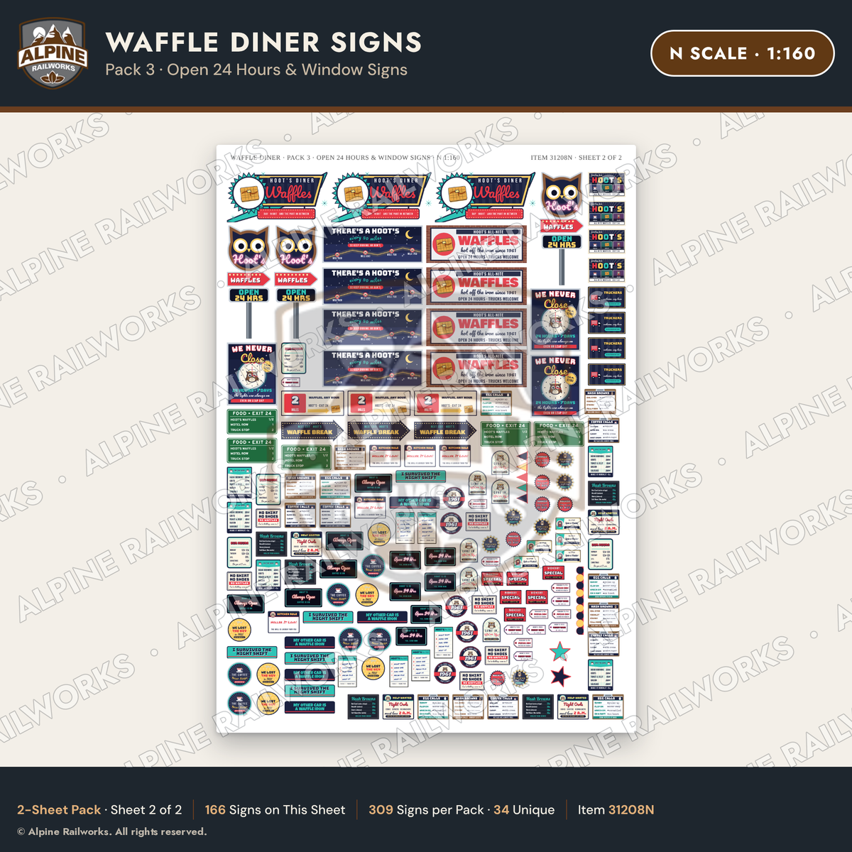 Alpine Railworks 31208N N Scale Waffle Diner Signs - Open 24 Hours