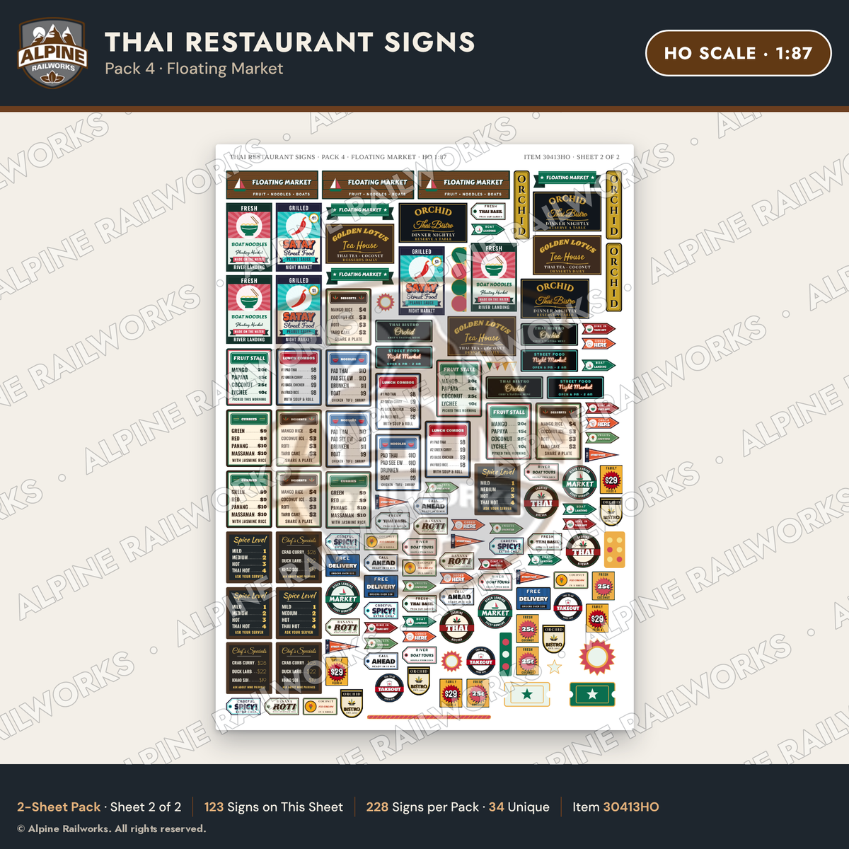 Alpine Railworks 30413HO HO Scale Thai Restaurant Signs