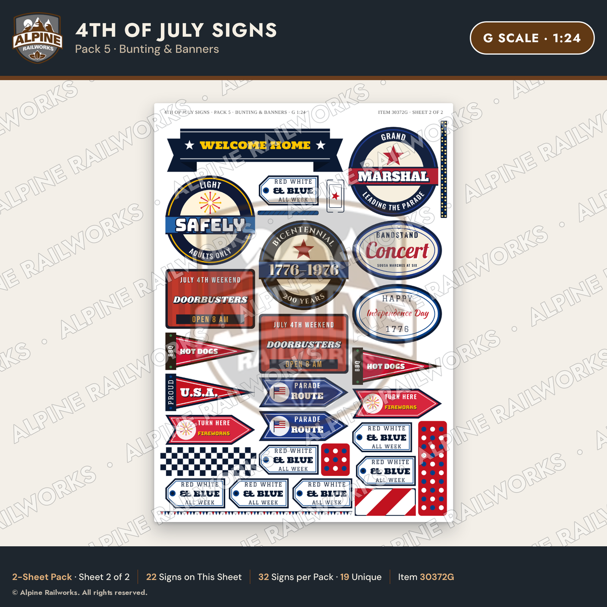 Alpine Railworks 30372G G Scale 4th of July Signs - Bunting & Banners