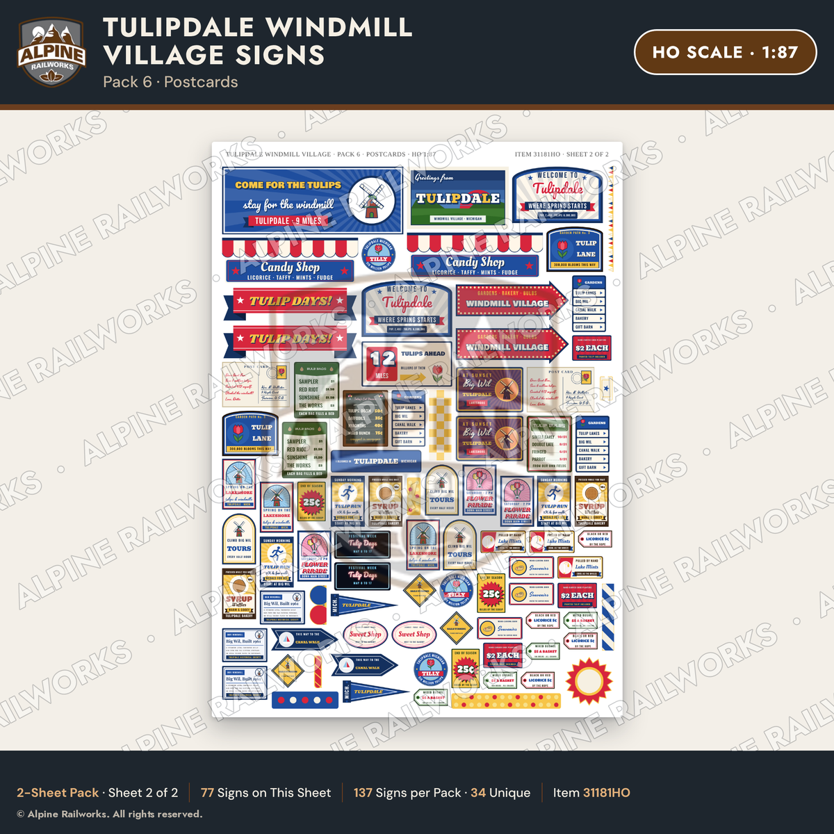 Alpine Railworks 31181HO HO Scale Roadside Signs - Windmill Village