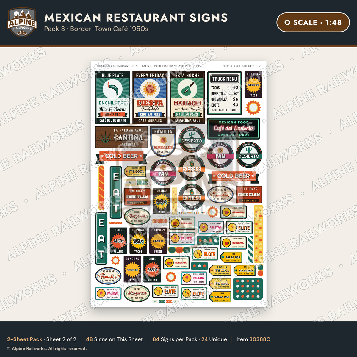 Alpine Railworks 30388O O Scale Mexican Restaurant Signs