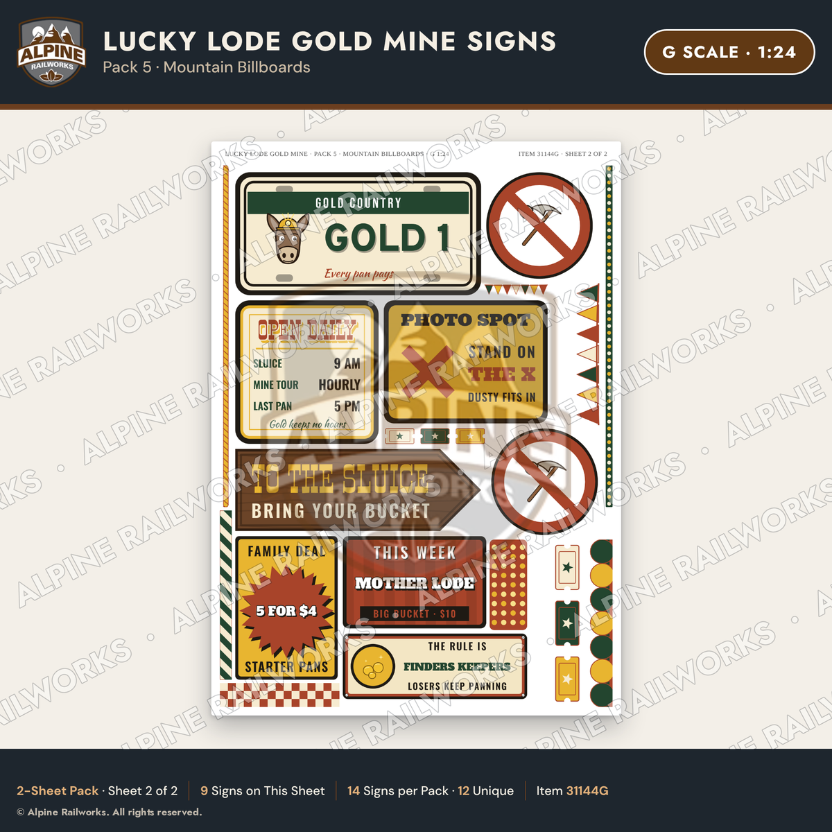 Alpine Railworks 31144G G Scale Roadside Signs - Gold Panning Mine
