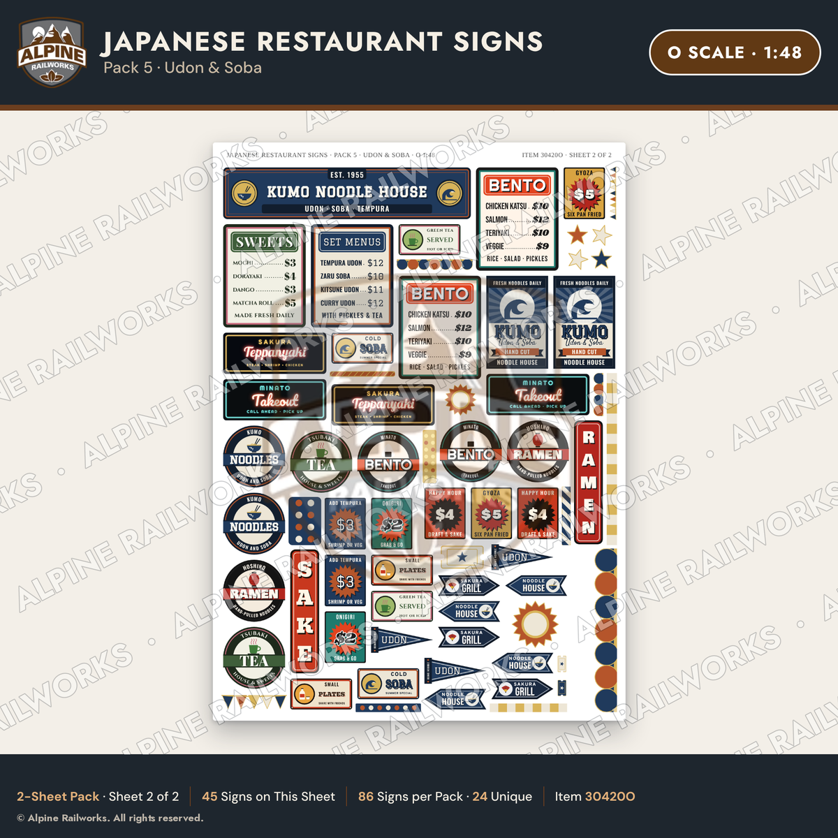 Alpine Railworks 30420O O Scale Japanese Restaurant Signs - Udon