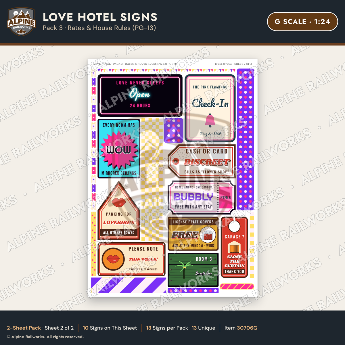 Alpine Railworks 30706G G Scale Love Hotel Signs - Rates & House Rules