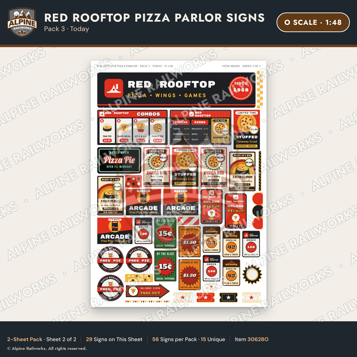 Alpine Railworks 30628O O Scale Restaurant Signs - Pizza Parlor