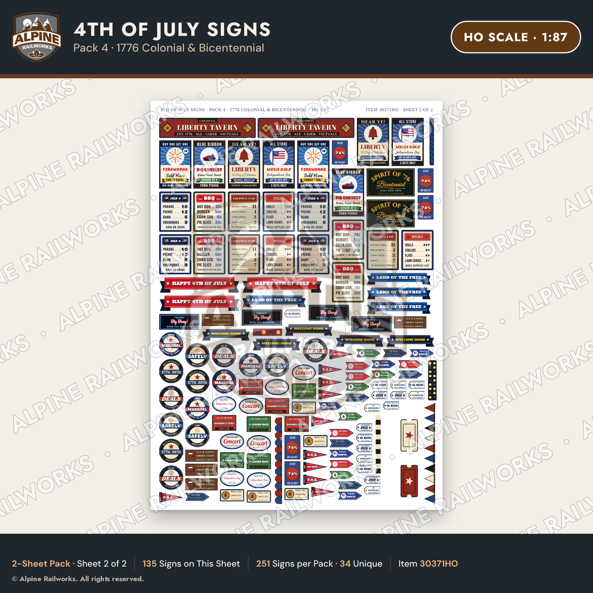 Alpine Railworks 30371HO HO Scale 4th of July Signs - 1776 Colonial