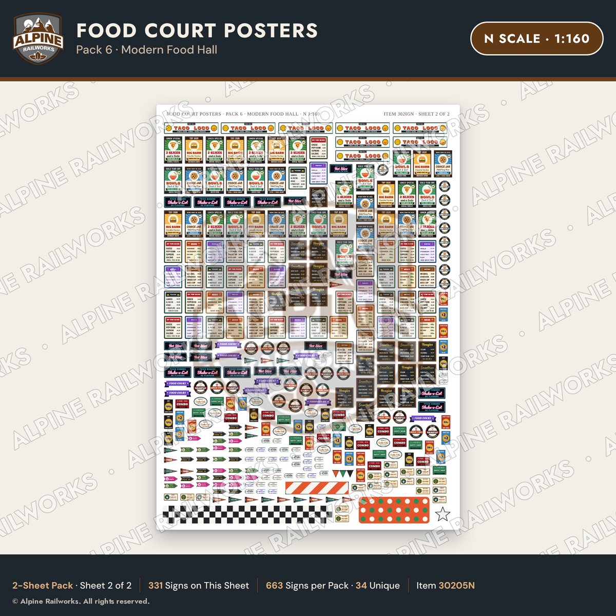 Alpine Railworks 30205N N Scale Food Court Posters - Modern Food Hall