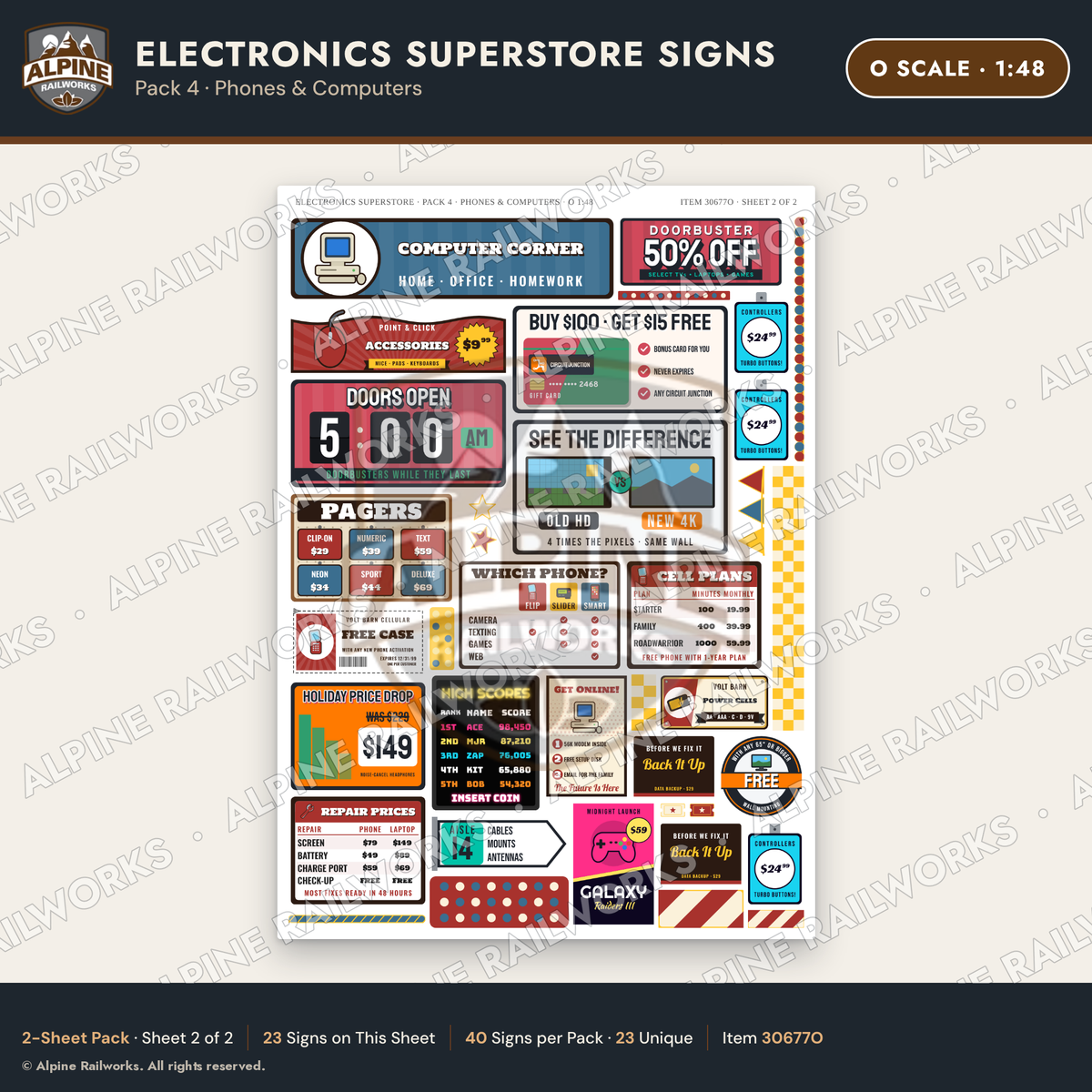 Alpine Railworks 30677O O Scale Electronics Superstore Signs - Phones