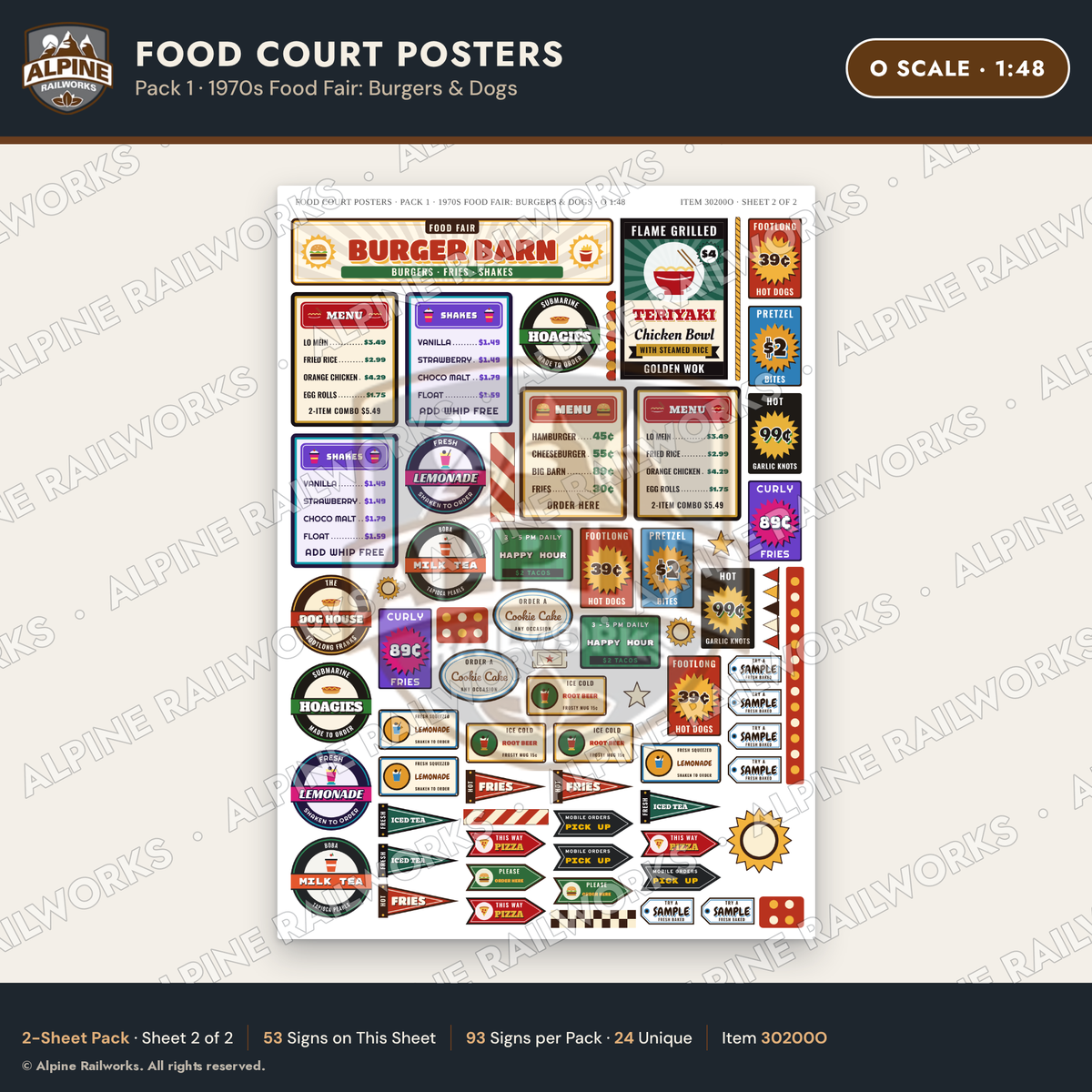 Alpine Railworks 30200O O Scale Food Court Posters - Burgers & Dogs