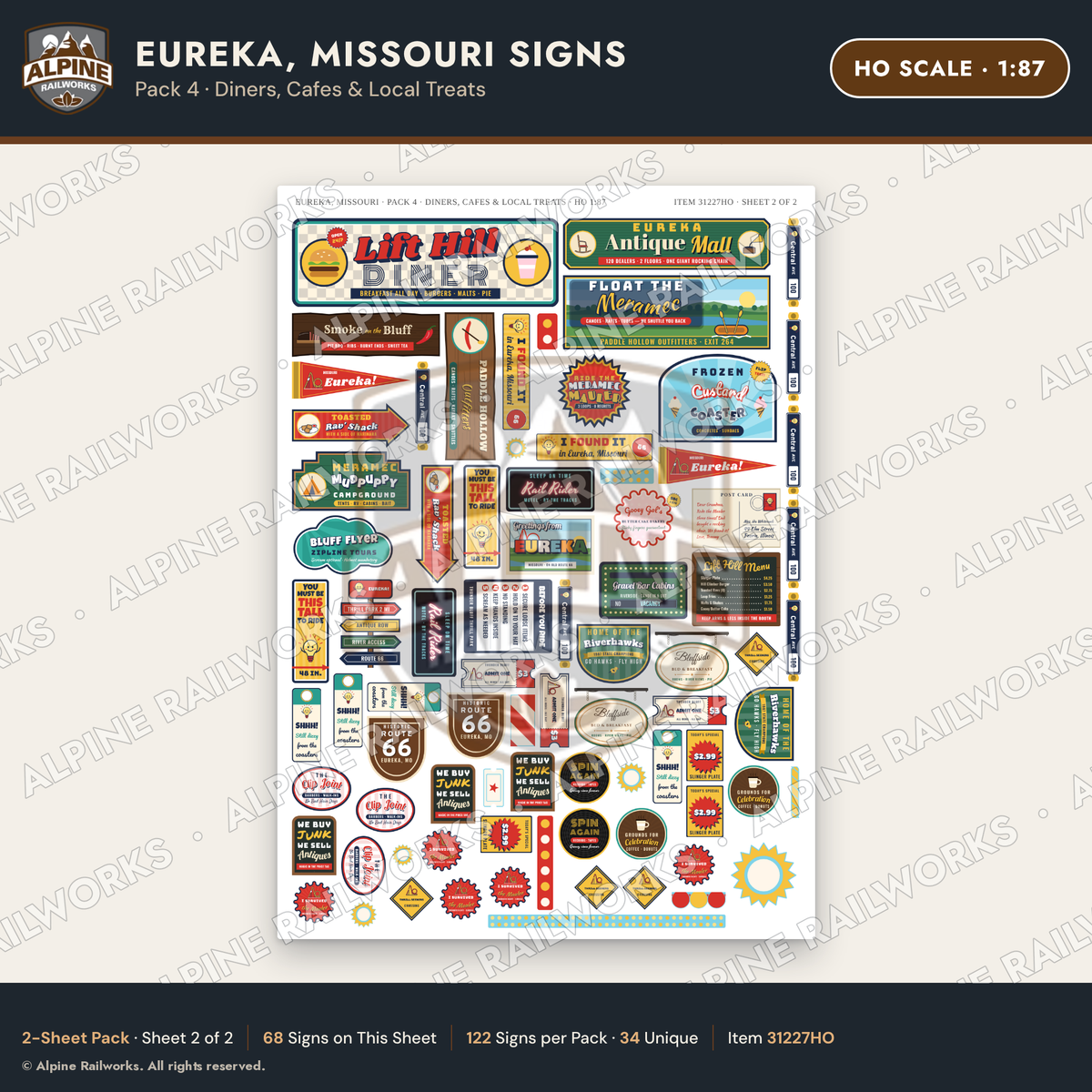 Alpine Railworks 31227HO HO Scale Eureka MO Signs - Diners & Cafes