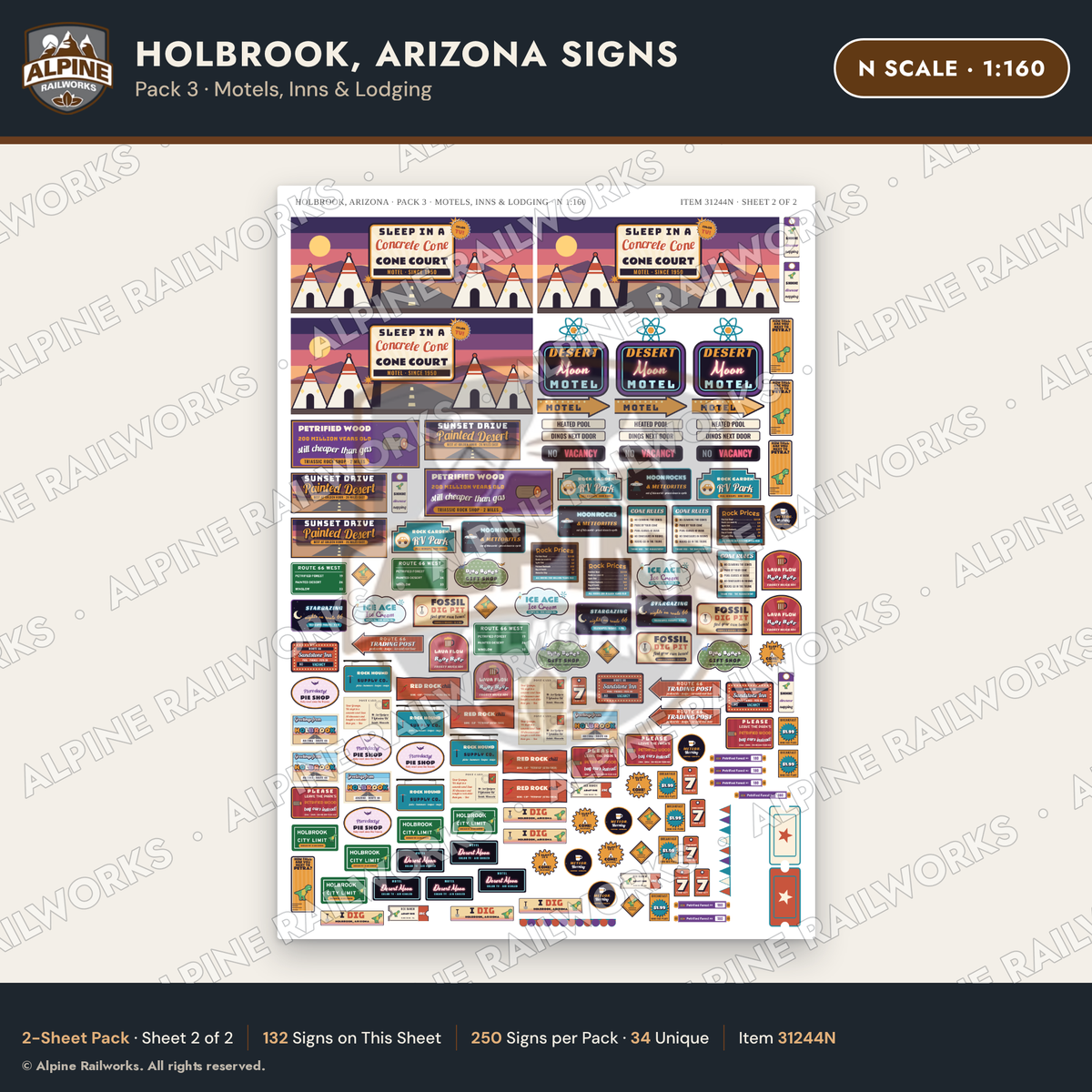 Alpine Railworks 31244N N Scale Holbrook AZ Signs - Motels & Inns