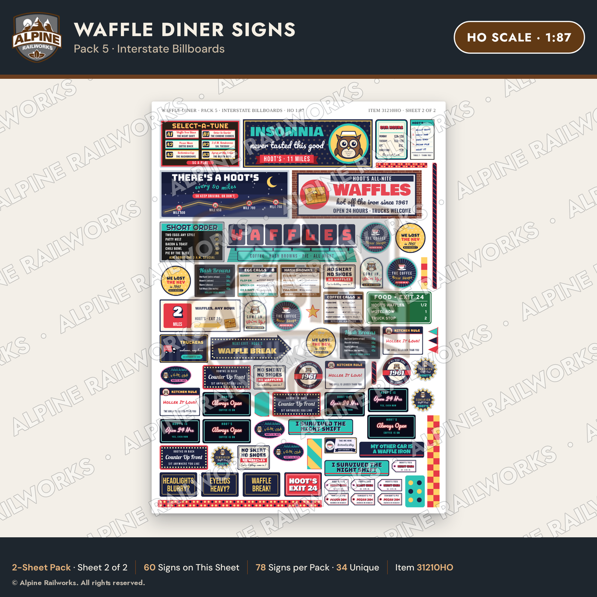 Alpine Railworks 31210HO HO Scale Waffle Diner Signs - Billboards