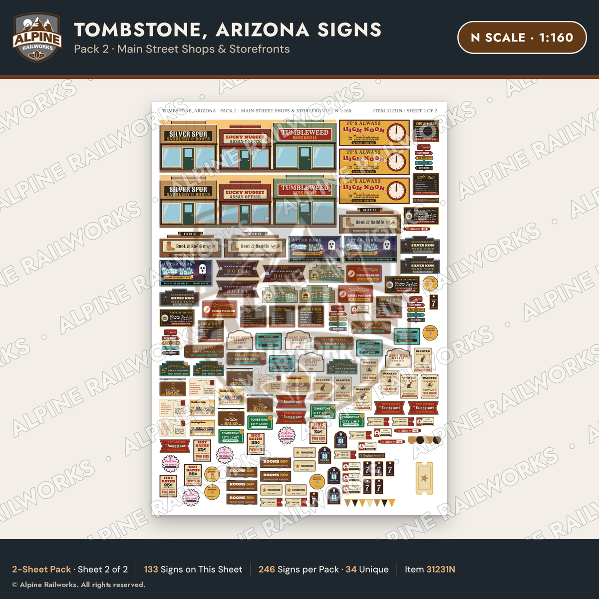 Alpine Railworks 31231N N Scale Tombstone AZ Signs - Main Street Shops