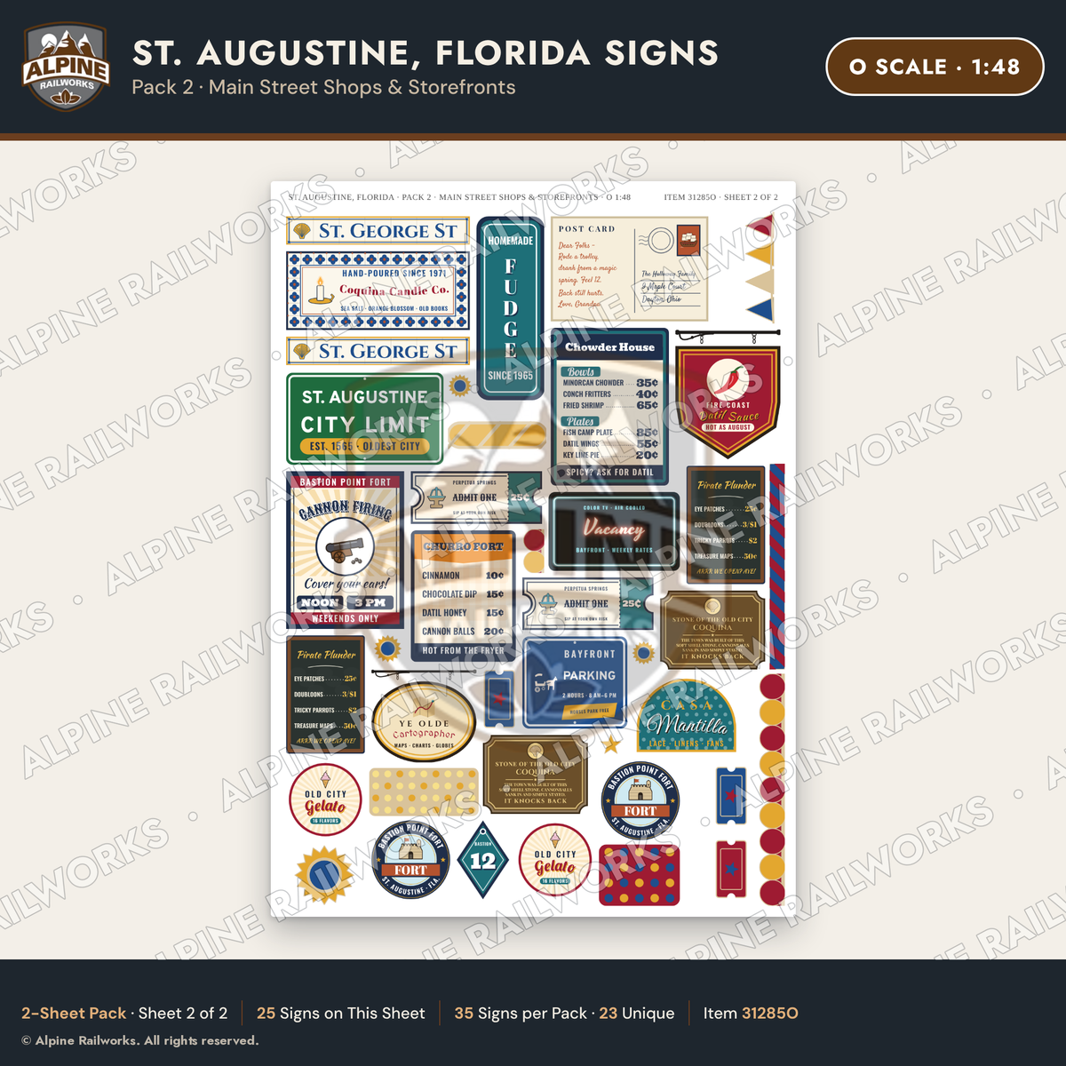 Alpine Railworks 31285O O Scale St. Augustine FL Signs - Shops