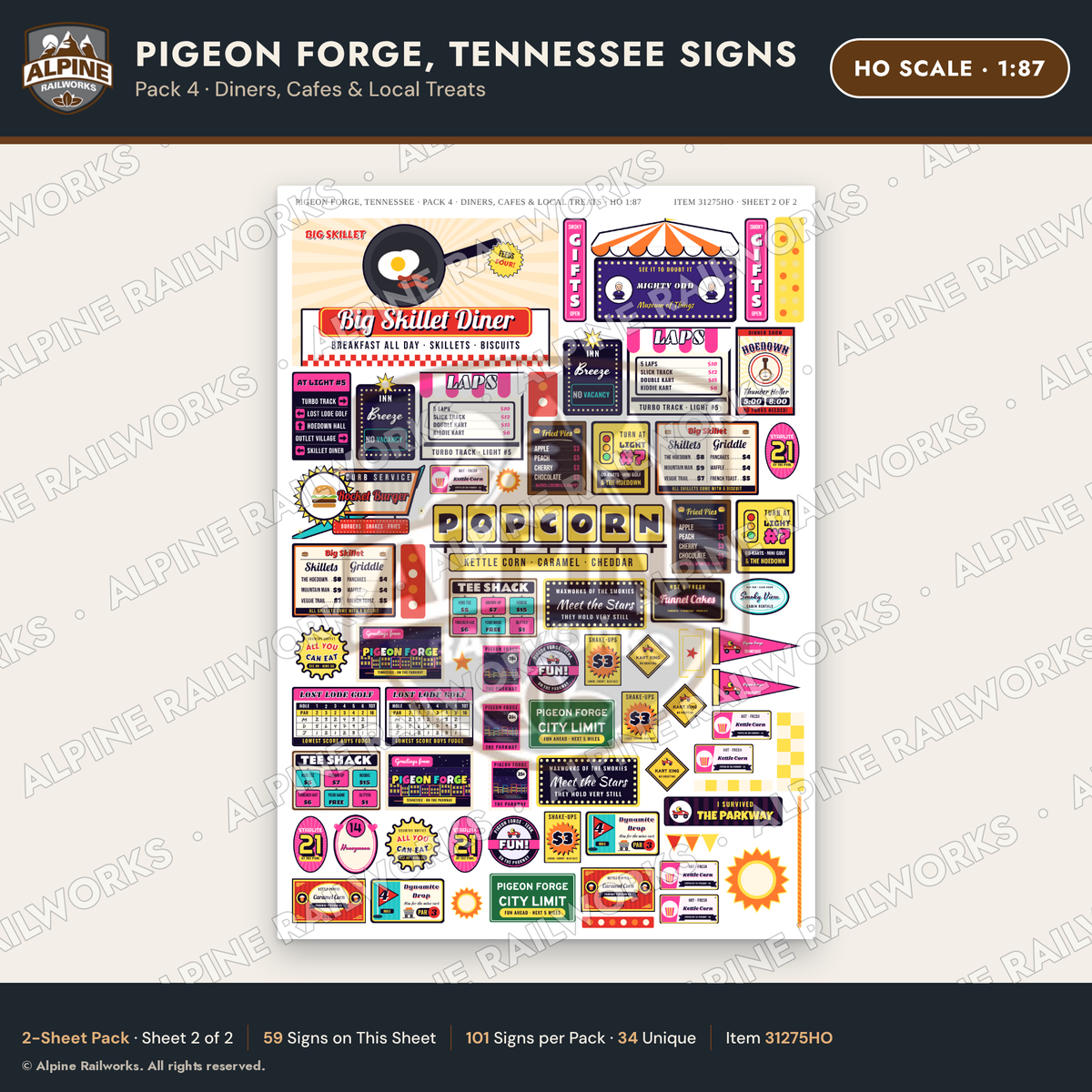 Alpine Railworks 31275HO HO Scale Pigeon Forge TN Signs - Diners