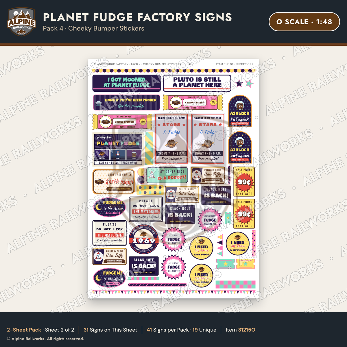 Alpine Railworks 31215O O Scale Fudge Factory Signs - Bumper Stickers