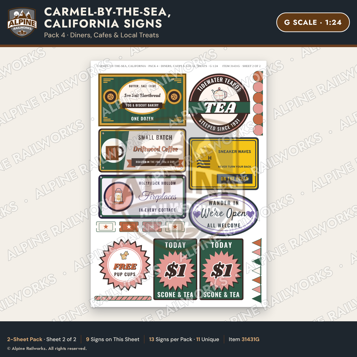 Alpine Railworks 31431G G Scale Carmel CA Signs - Diners & Cafes