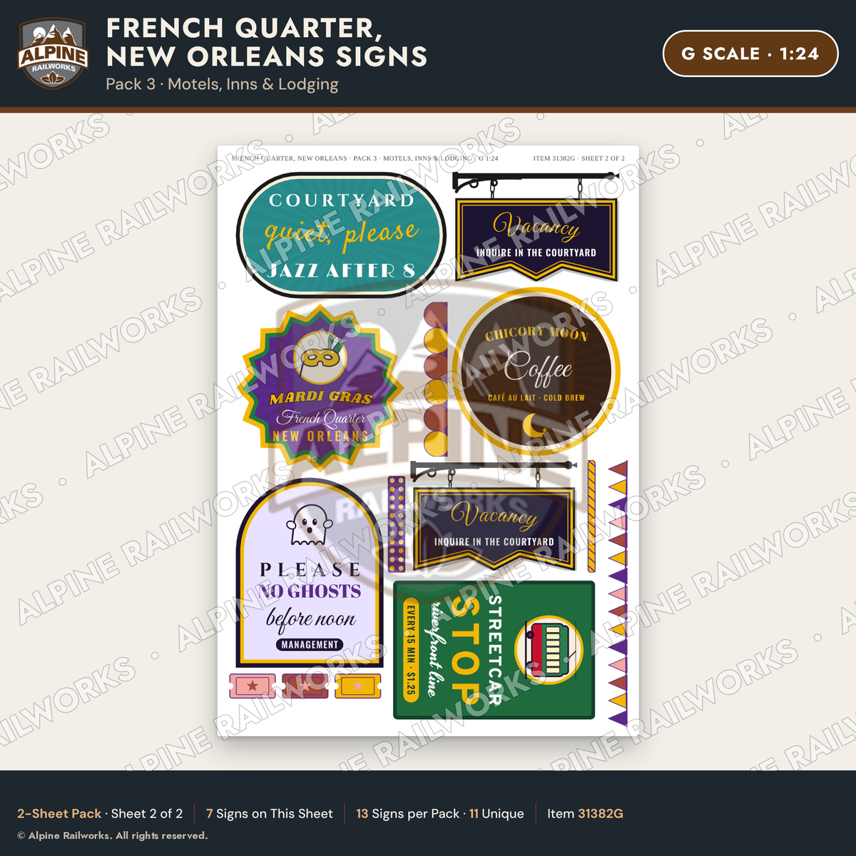 Alpine Railworks 31382G G Scale French Quarter Signs - Motels & Inns