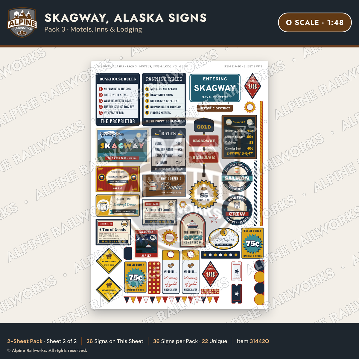 Alpine Railworks 31442O O Scale Skagway AK Signs - Motels & Inns
