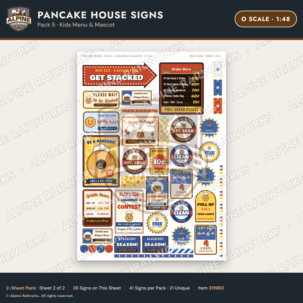 Alpine Railworks 31198O O Scale Pancake House Signs - Kids Menu