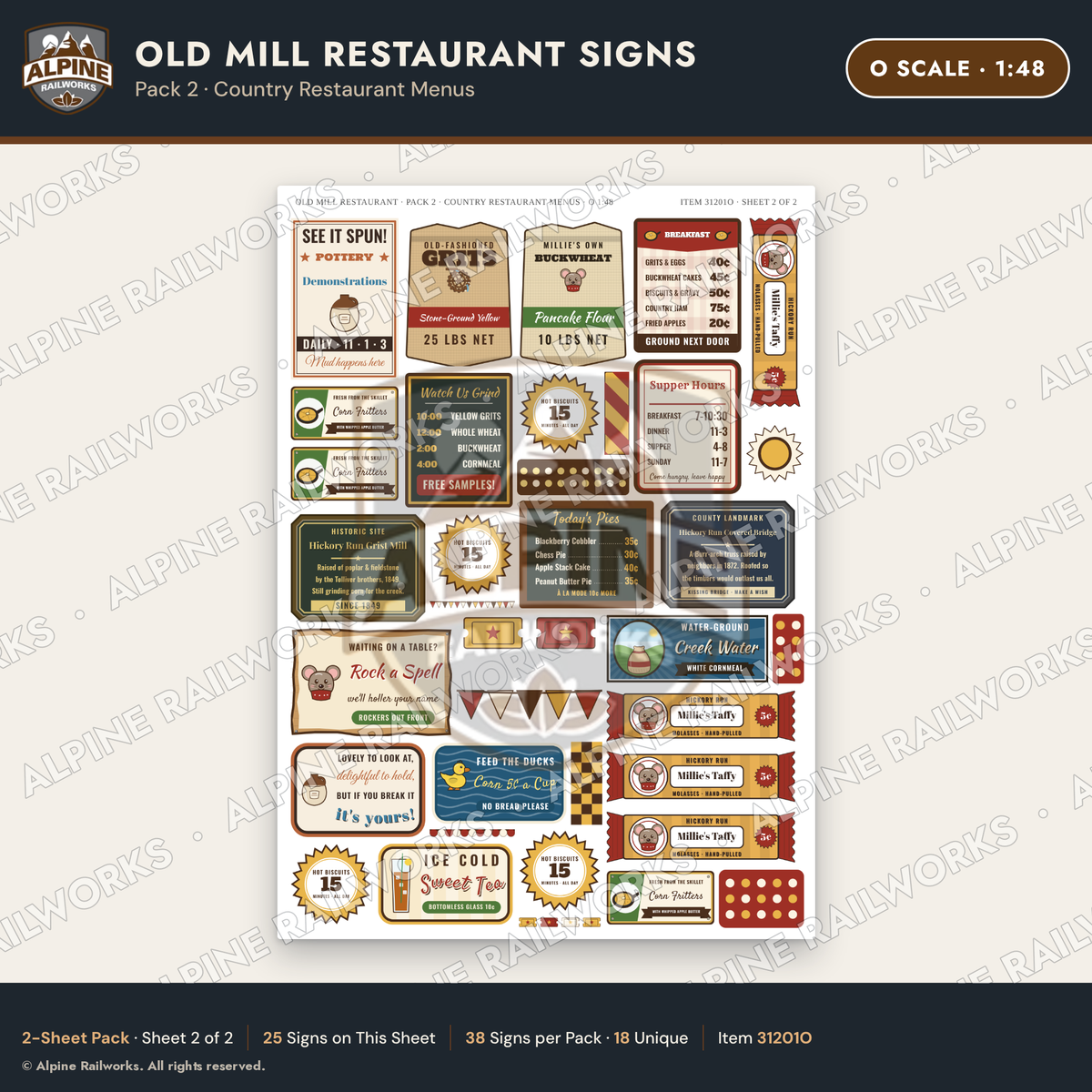 Alpine Railworks 31201O O Scale Old Mill Signs - Restaurant Menus