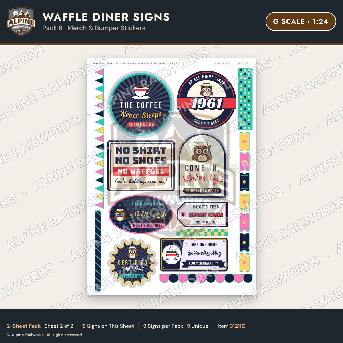 Alpine Railworks 31211G G Scale Waffle Diner Signs - Bumper Stickers