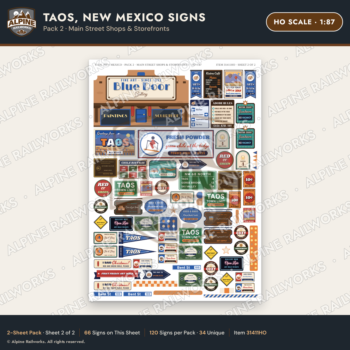 Alpine Railworks 31411HO HO Scale Taos NM Signs - Main Street Shops