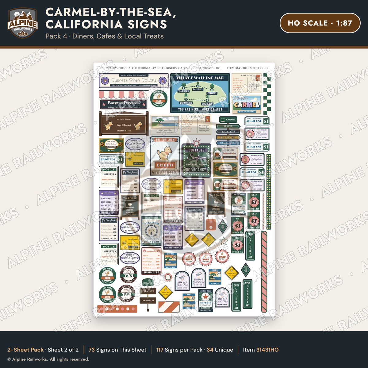 Alpine Railworks 31431HO HO Scale Carmel CA Signs - Diners & Cafes