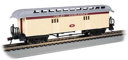 Bachmann 15306 HO Scale Old Time Wood Baggage with Round-End Clerestory Roof - Ready to Run -- Old Colony Railroad (yellow, red)