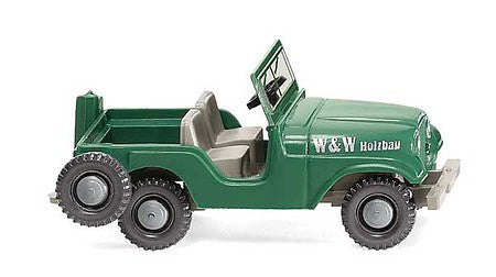 Wiking 1103 HO Scale 1952 Jeep Globetrotter - Assembled -- W & W Holzbau (green, German Lettering)