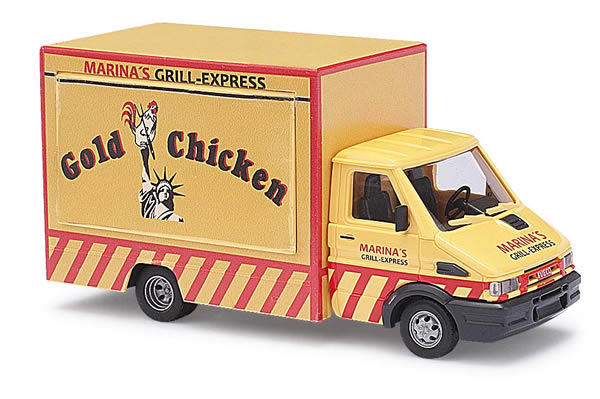 Busch 47926 HO Scale 1996 Iveco Daily Truck w/Folding Concession Counter - Assembled -- Grill Express (yellow, red, Gold Chicken Lettering, German Lettering)