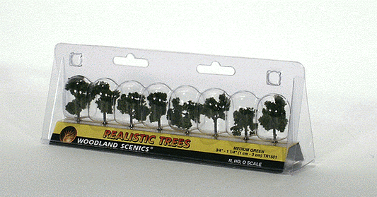 Woodland Scenics 1501 All Scale Deciduous Trees - Realistic Trees -- Medium Green 3/4 to 1-1/4" 1.9 to 3.2cm pkg(8)