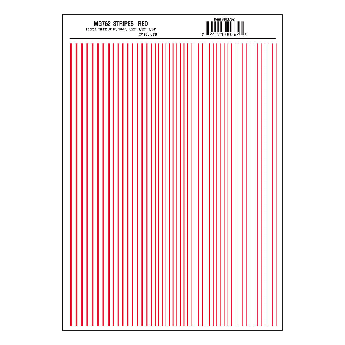 Woodland Scenics 762 All Scale Dry Transfer Stripes - .010, 1/64, .022, 1/32 & 3/64" Wide -- Red