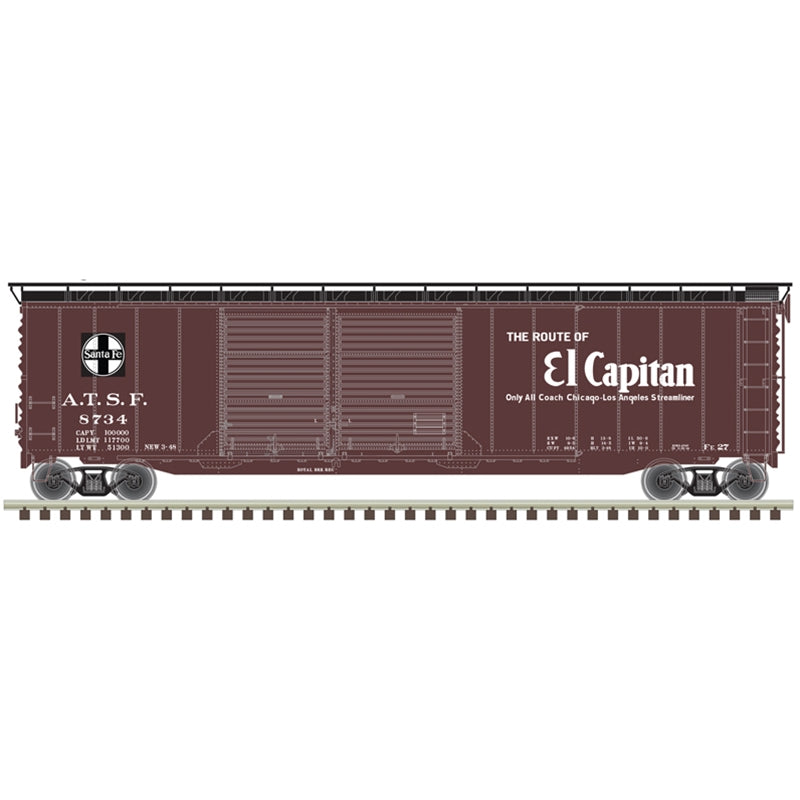 Atlas Model Railroad 20006591 HO Scale Postwar 50' Double-Door Boxcar - Ready to Run - Master(R) -- Santa Fe 8734 (Boxcar Red, black, white, El Capitan)