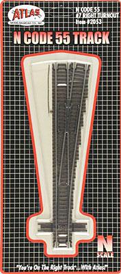 Atlas Model Railroad 2053 N Scale Code 55 Turnout, Nickel-Silver Rail, Brown Ties -- No.7 Right Hand